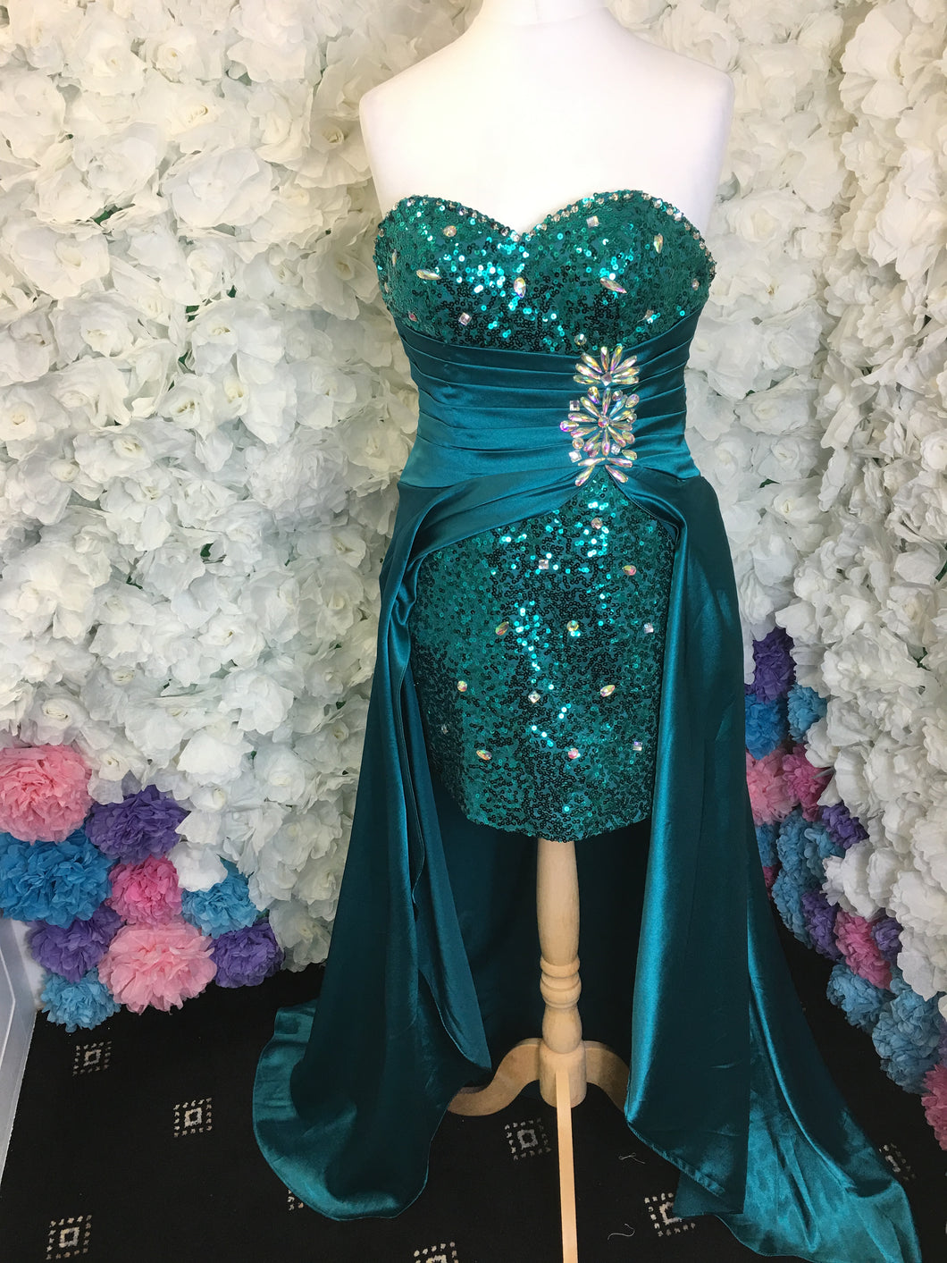 Sweetheart Sequin & Embellished Corset Back Hi-Lo Satin Formal Evening Gown Prom Dress